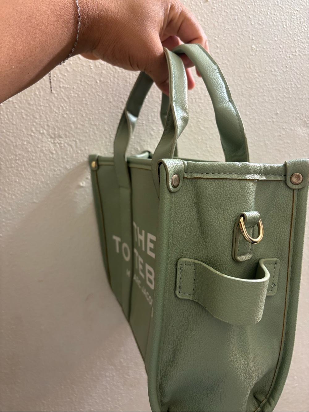 Sage green tote bag with top handles and an adjustable shoulder strap - Picture 7 of 10